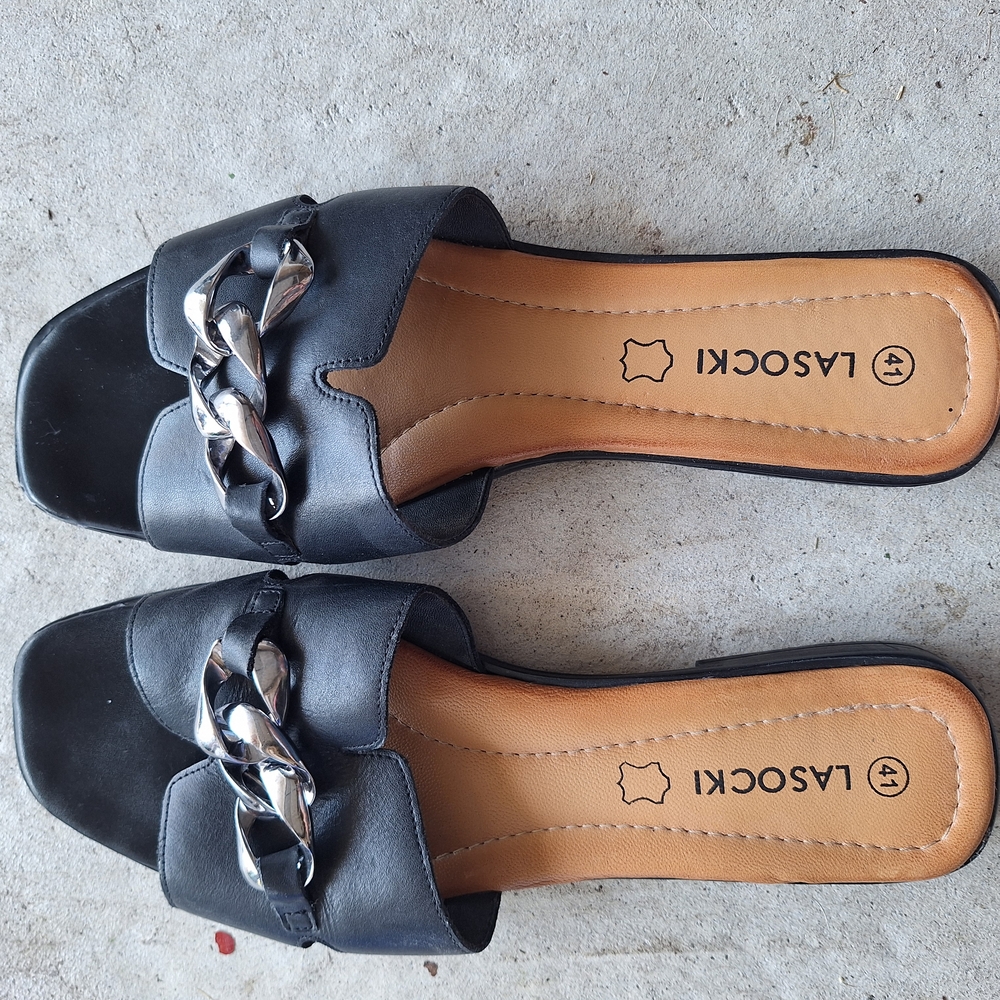 Black Leather Slide Sandals with Silver Chain